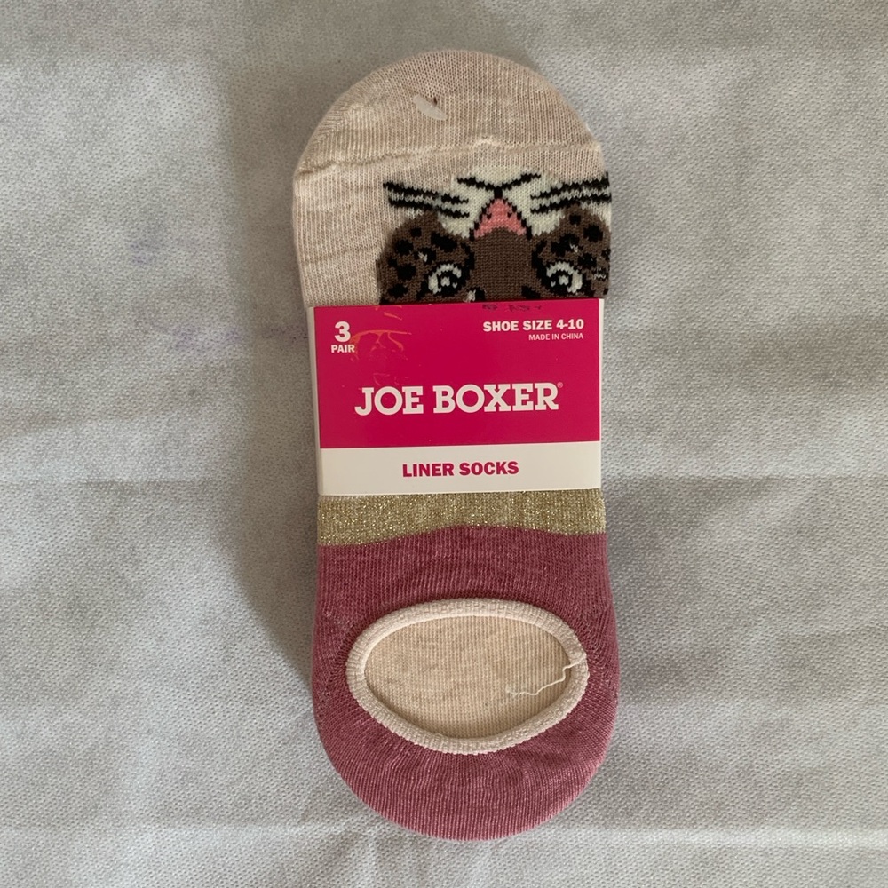 Joe Boxer Pink Cheetah Cat Face Metallic Lurex No Show Liner Socks NWT 3 Pack